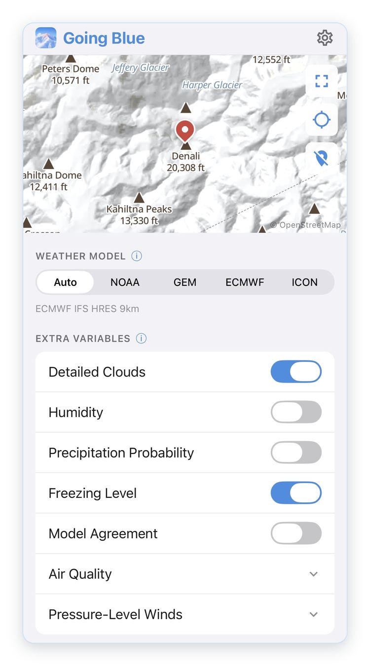 The request builder: Denali pinned on the map, the weather model selector, and the
      extra variable toggles