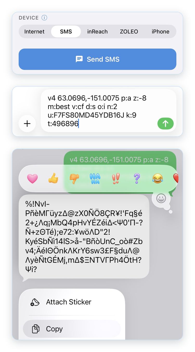 The device selector with SMS chosen and the Send SMS button, the request in the
      Messages compose field, and the Copy menu on the encoded reply